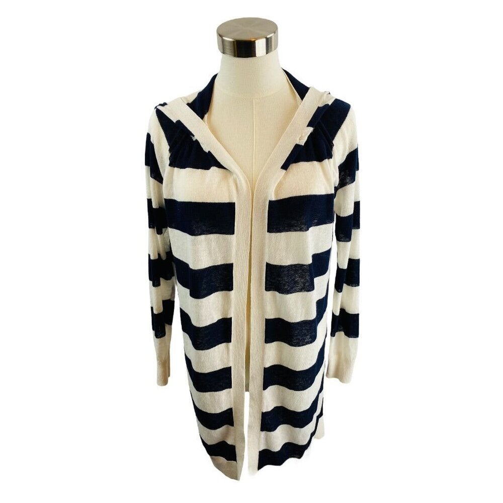 XS LOFT Womens Navy Blue White Striped Linen Blend Sweater Hooded Lightweight